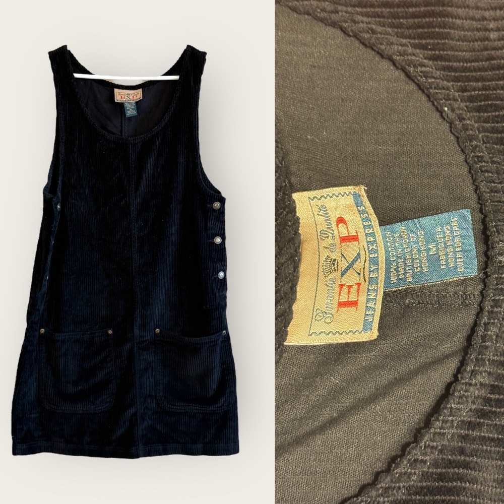 Vintage 90s Y2K EXP Express Corduroy Jumper Dress Black MEDIUM Front Pockets